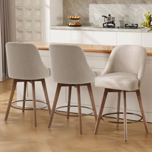 Bekrvio Counter Height Bar Stools Set of 3, Modern Mid-Century Swivel Barstools with Backs and Wood Legs, Linen Fabric Upholstered Bar Chairs, 26" Seat Height Counter Stools for Kitchen Island, Sand