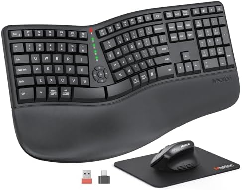 MEETION Ergonomic Wireless Keyboard and Mouse, Ergo Keyboard with Vertical Mouse, Split Arch Keyboard with Cushioned Wrist Palm Rest, Natural Typing Rechargeable Full Size, Windows/Mac/Computer/Laptop