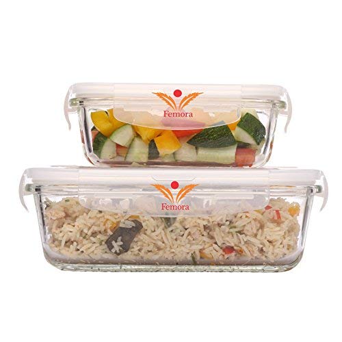 Femora Borosilicate Glass Food Storage Container with Air Vent Lid, Rectangular, 400 ML, 620 ML, Set of 2