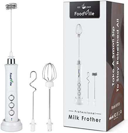 FoodVille MF09 3 in 1 Rechargeable Milk Frother Handheld with Charging Stand & 3 Stainless Steel Whisks (White Without Case)