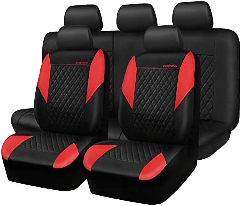 CAR PASS Red Leather Seat Covers Full Set-Universal Quilting Pretty Girly Car Seat Cover with 5mm Composite Sponge Inside,Airbag Compatible,2zipper Bench for Most Sedan,SUV,Cars (Full Set,Red)