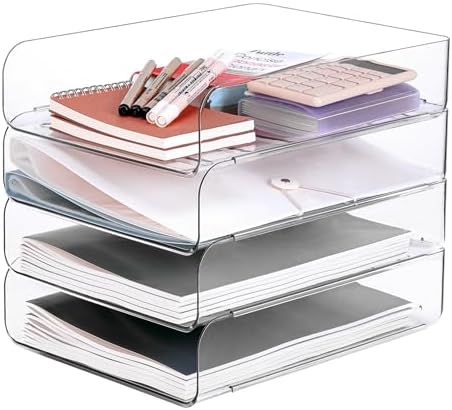 Set of 4 Office Organization and Storage, Clear PET Letter Tray Desk Organizer, Stackable Document Organizer and File Paper Organizer for Office Supplies