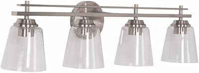 Craftmade 19633BNK4 Drake Minimalist Rail Silhouette & Clear Seeded Glass Globes Vanity Bath Wall Mount, 4-Light 240 Total Mount, 9"H x 33"W, Brushed Polished Nickel