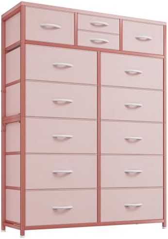 EnHomee Pink Dresser, Tall Dresser with 14 Drawers, Large Bedroom Dressers & Chests of Drawers with Sturdy Metal Frame and Wooden Top, Fabric Dresser for Bedroom,Living Room, Hallway, Pink