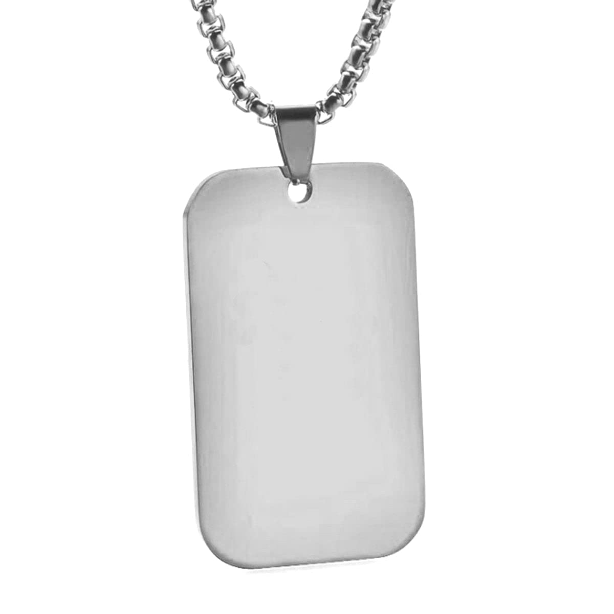 Stainless Steel Silver Rectangle Dog Tag Necklace Pendant Chain Unisex