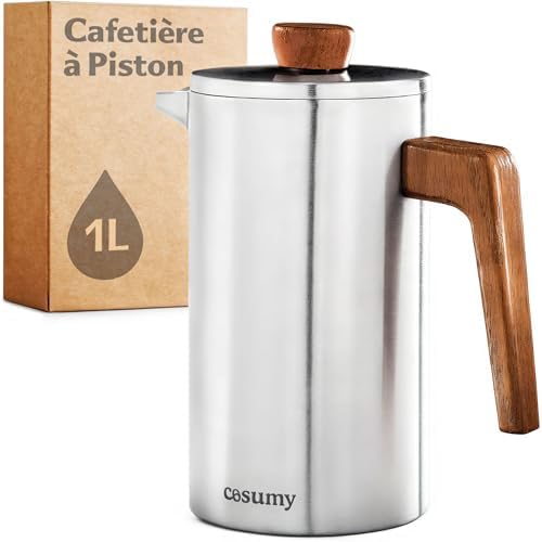 Cosumy Cafetière à Piston Inox 1l pour 5 Tasses - Double Paroi Isolante - Garde le café chaud - Acier Inoxydable et Bois de chêne FSC