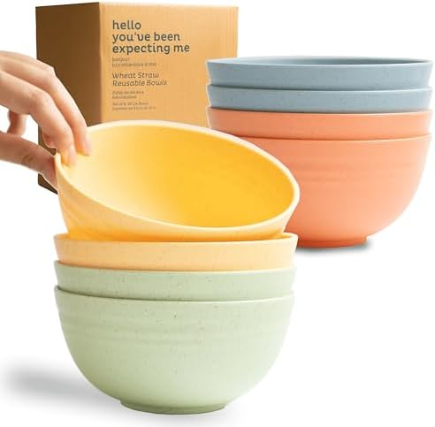 Nook Theory Wheat Straw Bowls 8 PCS - 26 Oz Cereal Bowl, Alternative for Plastic Bowls, Non-Toxic Kids Bowls, Microwave Safe & Dishwasher Safe, Unbreakable Dinnerware, Snack & Soup Bowls (Meadow)