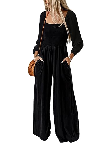 Dokotoo Womens Casual Loose Overalls One Piece Long Sleeve Jumpsuits for Women Stretchy Wide Leg Long Pant Rompers Jumpsuit with Pockets XSmall Black