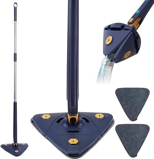 Cleaning Mop 360° Rotatable Triangular Mop Foldable Automatic Water Squeezing Wall Cleaning Mop Super Water Absorption Mop with 2 Replacement Mop Cloth for Floor Wall Window Cleaning