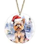 Yorkshire Terrier Ornament Santa Hat Yorkie Winter Scene Portrait Round MDF Wood Dog Pet Lover St...