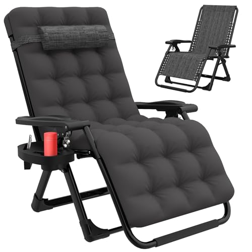 Slendor Zero Gravity Chair, Folding Reclining Chair, Zero Gravity Recliner Chair w/Upgraded Lock, Cup Holder Tray & Headrest, Removable Cushion, Outdoor Indoor Patio Reclining Chairs, Fossil Grey