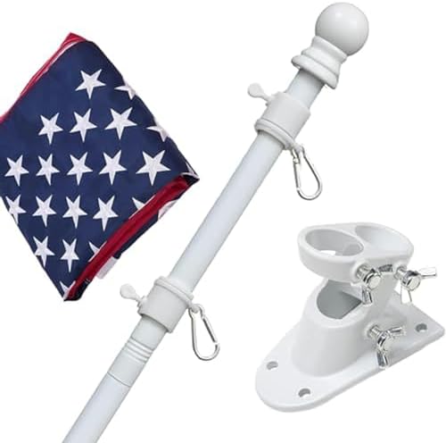 Flag Pole Kit with 3x5 American Flag - Includes 5ft Heavy Duty Tangle Free Flagpole,Embroidered 3X5 US Flag,Aluminum Mount Holder Bracket,Metal Flagpoles for Outside House,Porch,Outdoor - White