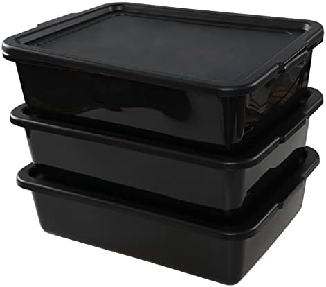 Dehouse 13 L Plastic Commercial Utility Bus Boxes, Black Bus Tubs with Lids, 3-Pack