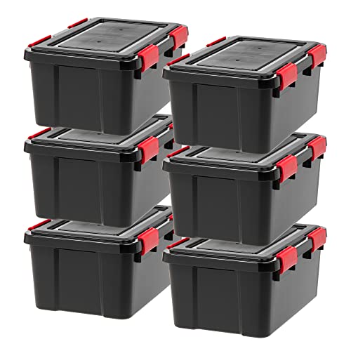 IRIS USA WeatherPro 19 Qt Storage Bins with Lids, 6 Pack, BPA-Free Plastic Gasket Box with Tight Latch and Seal, Stackable Nestable Tote Tub - Black/Red