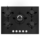 Cookology GGH705BK Gas on Glass Hob 70cm Built-in 5 Burners with Wok Burner and Cast Iron Pan Supports, Auto Igniton and Flame Failure Safety - In Black