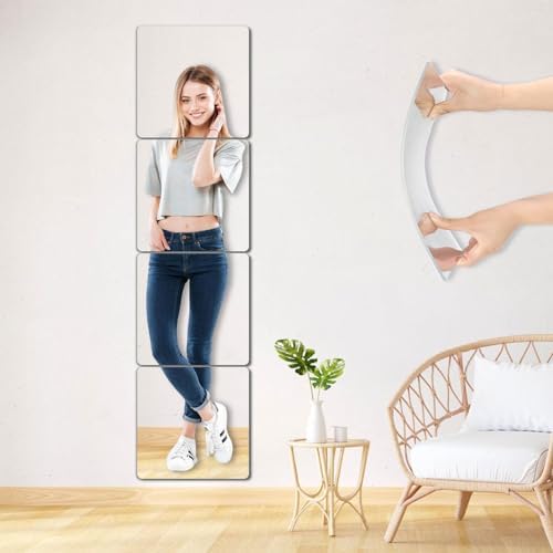 NKJVE Unbreakable Wall Mirror Full Length Mirror Tiles, 4Pcs 10x10 inch Full Body Mirrors, Toddler Shatterproof Mirror for Kids Mirror for Wall, Full Length Small Wall Mirror, Home Gym Mirror