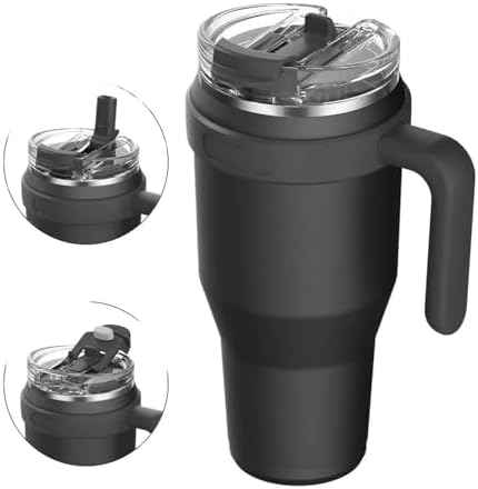 W&S CLASSICS Classic 40OZ Adventure Quencher Tumbler H2.0 | Vaccum Insulated Travel Mug With Handle and Straw | Double Wall FlowState Stainless Steel Tumbler | Leak Proof (Black)