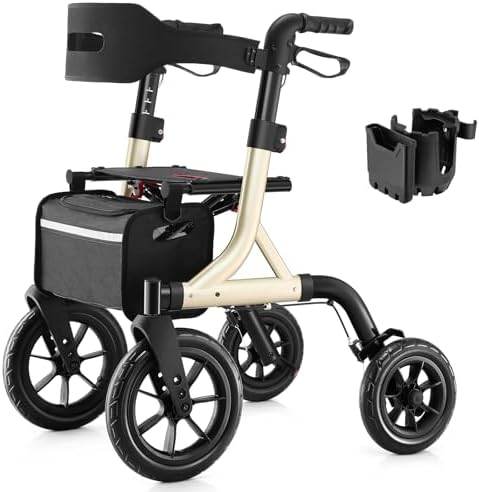 MAXWALK Walkers for Seniors, Rollator Walker with Seat, 12" Big Rubber Wheels All Terrain Rollator Walker with Backrest, Built-in Cable, Cup Holder, Foldable and Height Adjustment for Seniors, Gold