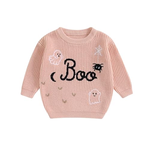 Newborn Baby Girl Halloween Outfit Baby Halloween Sweaters Long Sleeve Round Neck Ghost/Skull Embroidery Knit Tops Toddler Sweatshirts (Pink Boo, 6-9 Months) 