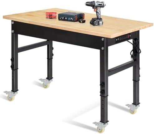 48" Adjustable Work Bench, Rubber Wood Top Workbench Heavy-Duty Work Table with Power Outlet,workbenches Wheels, 2000 LBS Load Capacity Hardwood Work Benches for Garage, Workshop, Home, Office