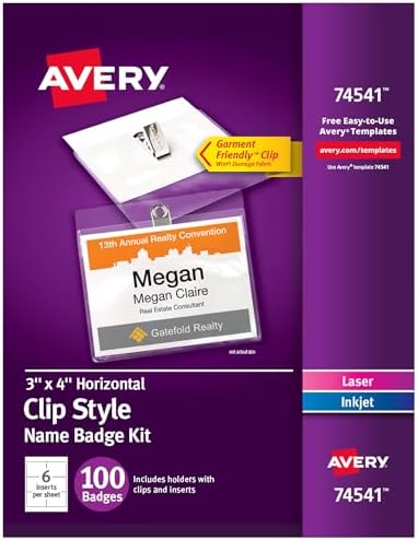 Avery Customizable Name Badges with Clips, 3" x 4", Clear Name Tag Holders with White Printable Inserts, 100 Clip Style Name Badges (74541)