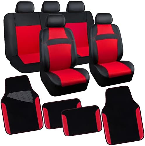 CAR PASS 3D Air Mesh Leather Car Seat Cover Full Sets & 4Pcs Waterproof Car Floor Mats with 5mm Composite Sponge,Universal Fit Airbag Compatible Automotive Interior Covers (Combo Set, Black & Red)