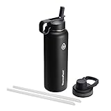 ThermoFlask Bottle with Chug Lid & Straw Lid - Insulated Stainless Steel Water Bottle with Leak-Proof Lids - Dishwasher-Safe Reusable Bottle & Lids - Durable Bottle, 2 Straws & 2 Lids - 40 oz, Black