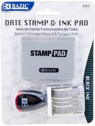 BAZIC Date Stamp and Ink Pad (Black Ink), 12 Years of Dates, Nickel-Plated Steel, Stamp Impression Size 1" x 0.15", Great for Office, Shipping, Receiving, Accounting, Expiration, Due Dates, 1-Pack