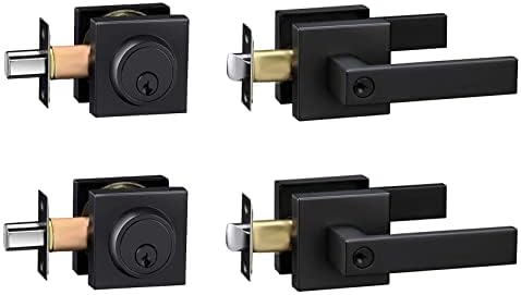 Exterior Door Lock Set with Deadbolt, Front Door Handle Set with Deadbolt, Door Levers Single Cylinder Deadbolt Set, Keyed Alike Heavy Duty Keyed Entry Handles Locksets,(Matte Black,2Pack)