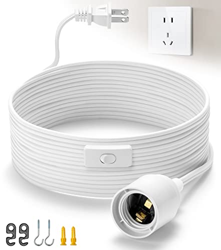 Light Bulb Cord 15Ft - White, Hanging Light Cord with E26 Light Bulb Socket, On/Off Switch, Polarized Plug, Hanging Lantern Cord, Plug in Pendant Light Cord (No Bulb)