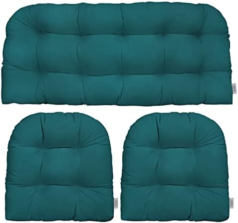 RSH DECOR: Sunbrella 3-Piece Wicker Tufted Cushion Set | Standard Size | Made with Sunbrella Performance Fabric | Outdoor Loveseat & U-Shaped Seat Cushions | Spectrum Peacock