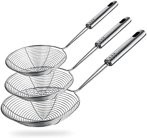 Spider Strainer Skimmer Spoon, HSpiow Set of 3 Sizes Frying Spoon Stainless Steel Fryer Scoop Wire Strainer Ladle with Long Handle for Kitchen Frying Cooking Food Pasta