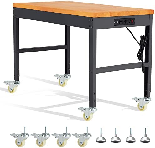 HABUTWAY Height Adjustable Workbench with Wheels 48" x 24" 2000 Lbs Capacity Oak Wood Work Station Heavy-Duty Rolling Work Tables for Garage Party Shop Office