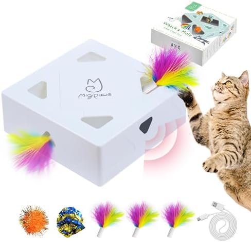 Migipaws Cat Toys, Interactive Automatic 7 Holes Mice Whack-A-Mole, Ultra Fun Smart Teaser Toy for Indoor Cats, USB Rechargeable, 4 Pieces Feather Refills…