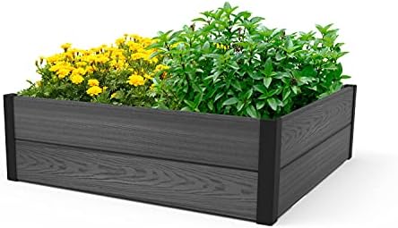 Keter 48" X 48" inches Wood Look Raised Garden Bed, Durable Outdoor Herb Garden Planter for Vegetables, Flowers, and Succulents, Grey