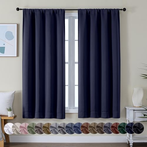 Simplebrand Ava Navy Blue Blackout Curtains for Bedroom 63 Inch Length 2 Panels, Solid Thermal Insulated Energy Saving Rod Pocket Window Treatment Curtains Blackout Drapes, W40 x L63 Inch, Navy Blue