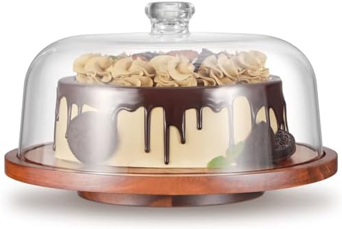 CherHome Cake Stand，Rotating Cake Stand With Lid，Wood Cake Stand with Acrylic Dome，Turnable Cake Display Stand Cake Plate Cake Holder Cake Platter with Cover，11.8"