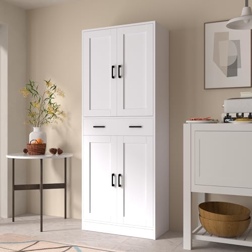 DIYART White Pantry Cabinet, 71" Tall Kitchen Pantry Storage Cabinet with Doors and Drawer, Freestanding Kitchen Hutch Cabinet for Kitchen, Dining Room, Hallway