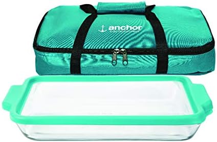 Anchor Hocking 3 Quart Glass Rectangular Baking Dish with Mineral Blue TrueFit™ Lid and Tote