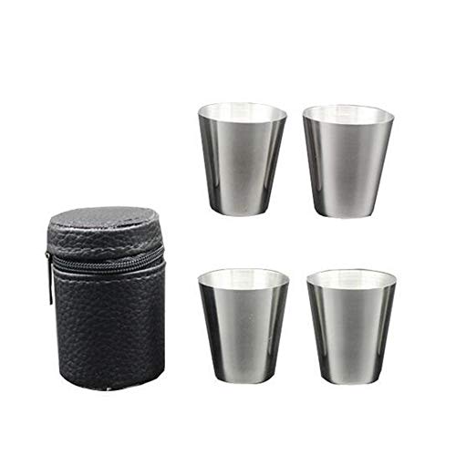 4 Pieces 30ml 1oz Stainless Steel Shot Cups Shot Glass Drinking Vessel with One Black PU-Leather Carrying Case Outdoor Camping Travel Coffee Tea Cup Silver Cup Black Case