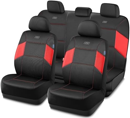 Skechers Work Car Seat Covers, 5-Times Stronger Built-in Webbing Seat Cover Full Set, Mesh Fabric Seat Cover for Car, Airbag Compatible, Automotive Comfort for Most Cars, Trucks, SUVs (Red,Full Set)