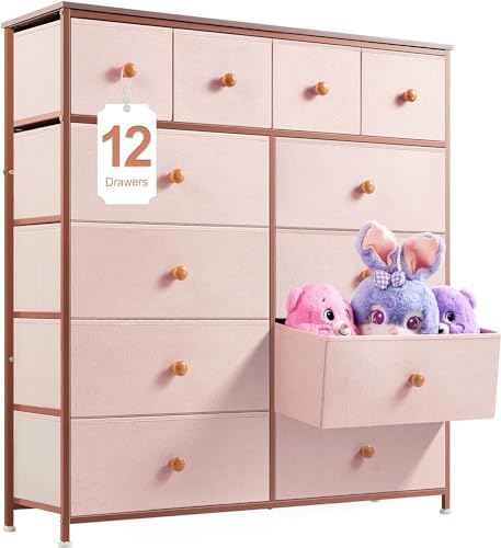 EnHomee Pink Dresser, Dresser for Bedroom with 12 Drawers Dresser& Chests of Dresser for Bedroom, Closet,Hallway,Fabric,11.9" D x 40.7" W x 43.8" H