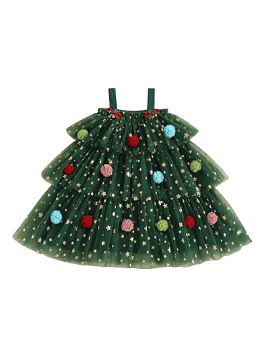 Toddler Baby Girl Christmas Dress Star Sequin Layered Tutu Tulle Plush Ball Dress Cake Smash Xmas Tree Dresses (Green, 12_months-24_Months) 