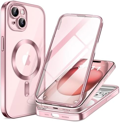 BERFY Magnetic for iPhone 15 Case Compatible with Magsafe, Full Body Rugged Case Built-in 9H Tempered Glass Screen Protector & Full Camera Protection, Clear Shockproof Phone Case for iPhone 15, Pink