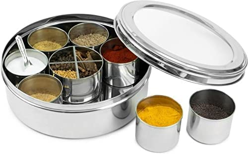 ARTISENIA Stainless Steel Maharaja Style Indian Spice Masala Box Dabba With 8 Spice Containers with Size 10 X 10 Inches