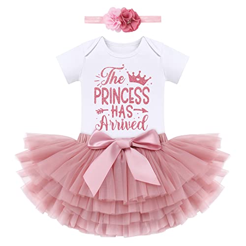 IBTOM CASTLE Newborn Baby Girl Coming Outfit Sequin Short Sleeve Romper Princess Tutu Skirt Dress Headband Set Girl Cake Smash Infant Photoshoot Baby Shower Clothes Dusty Pink-Princess 0-3 Months 