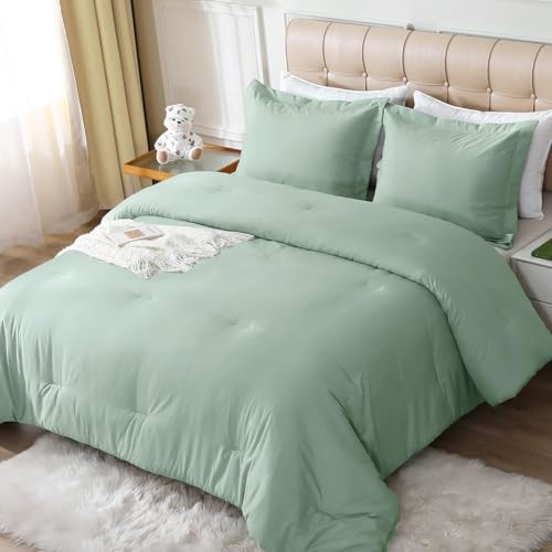 MUXHOMO King Size Comforter Set, Saga Green Comforter Set for King Size Bed, Soft Warm Bedding 3 Pieces for All Seasons, 1 Comforter (102"x90") and 2 Pillow Shams (20"x36")