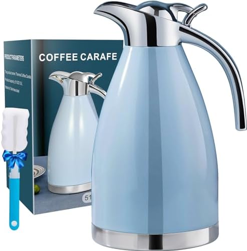 PARACITY Thermal Coffee Carafe, 18/8 Stainless Steel Thermo for Hot Drinks, Double Wall Vacuum Insulated Coffee Thermo, 51 OZ Coffee Carafes for Keeping Hot Coffee& Tea with Cleaner Brush (Blue)