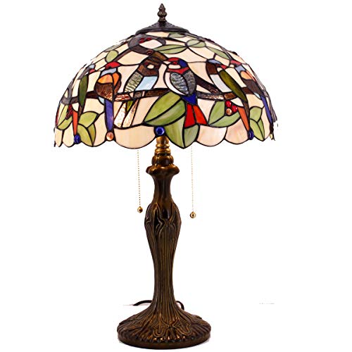 WERFACTORY Tiffany Table Lamp Colorful Stained Glass Birds Bedside Lamp 16X16X24 Inches Antique Desk Reading Light Metal Base Decor Bedroom Living Room Home Office (LED Bulb Included) S805 Series