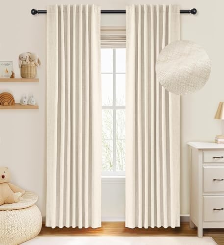 zeerobee 100% Black Out Curtains 2 Panels Set, Linen Blackout Curtains for Bedroom Living Room Nursery, Thermal Insulated Back Tab/Rod Pocket Drapes-W50 x L120, Cream